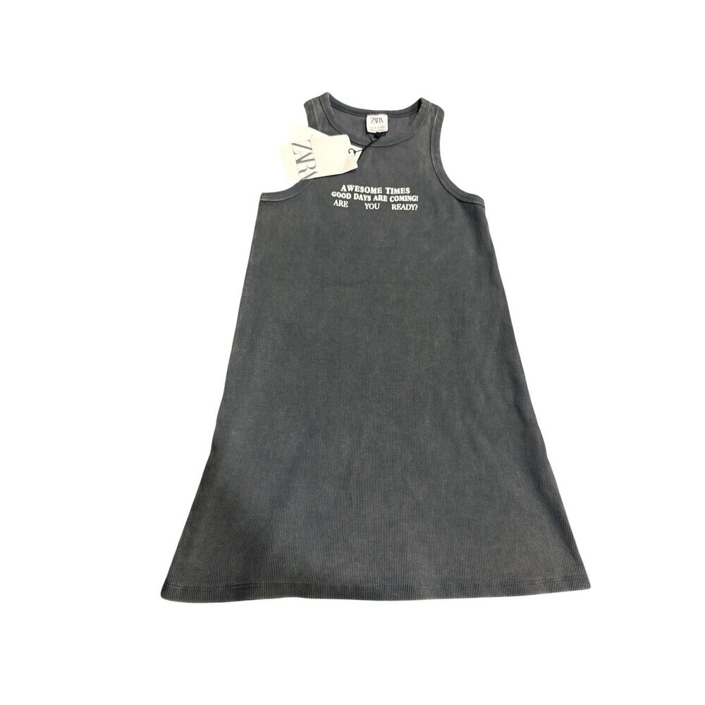 Zara Girls Ribbed Tank Dress Gray Graphic Good Days Are Coming Size 7 NWT Summer